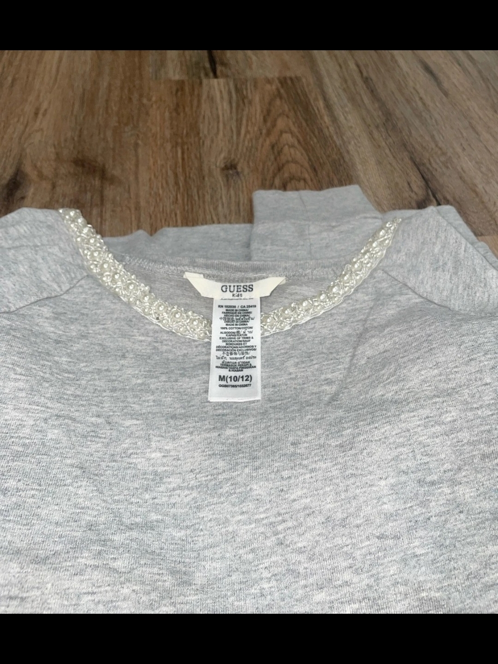 GUESS KIDS Light Gray Sweatshirt with Beaded Neckline Medium 10/12